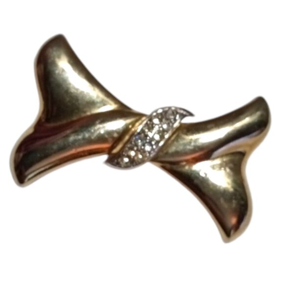 TA Signed Vintage Gold Silver Tone Bow Brooch Tied Clear Centered Rhinestones - Picture 3 of 9